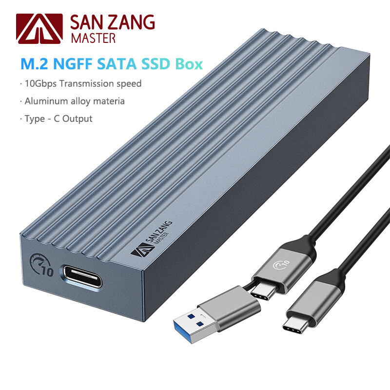 SANZANG-Adaptador de carcasa SSD M.2 NVME SATA, unidad externa de estado sólido de aluminio, 10gbps, USB C 3,1 Gen2 NVME PCIe o 10gbps