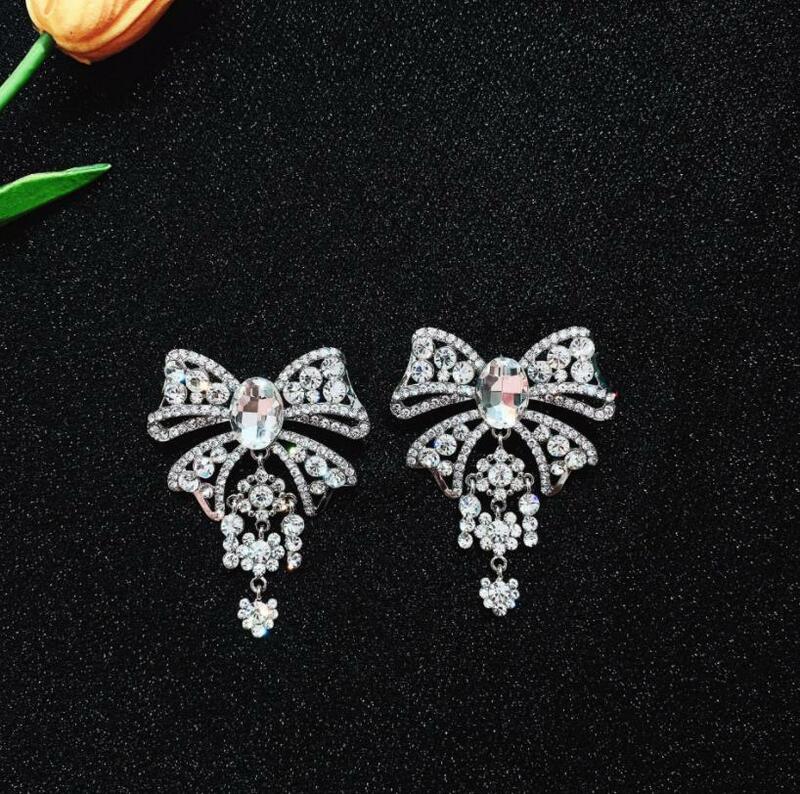 fairy luxury shiny zircon bow earrings exaggerated ladies French Romance ins chic women wedding bridal gorgeous long jewelry