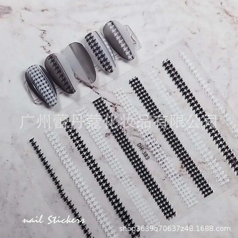10pcs Black and white grid adhesive nail stickers 3d nail stickers color black and white houndstooth stripes Coloring Grid Diy