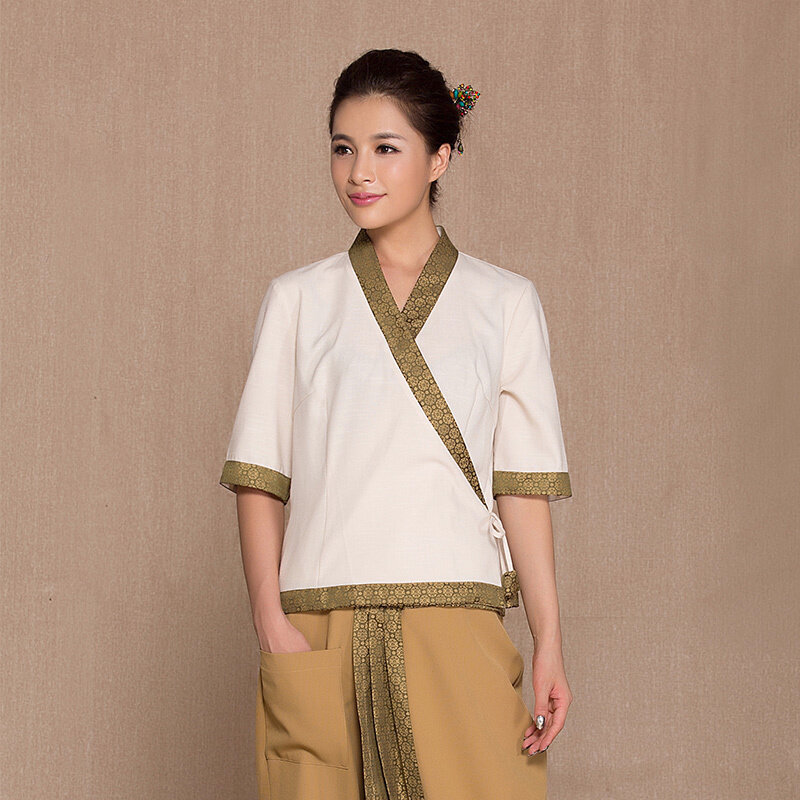 Thai trabalho roupas femininas 2023 bege esteticista blusa e calças definir masculino caqui spa uniforme macacão frete grátis