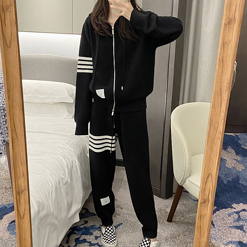 Four Bar Striped Suit Women's TB Loose Skinny Hooded Zipper Coat Knitted Cardigan Sweater Casual Leggings