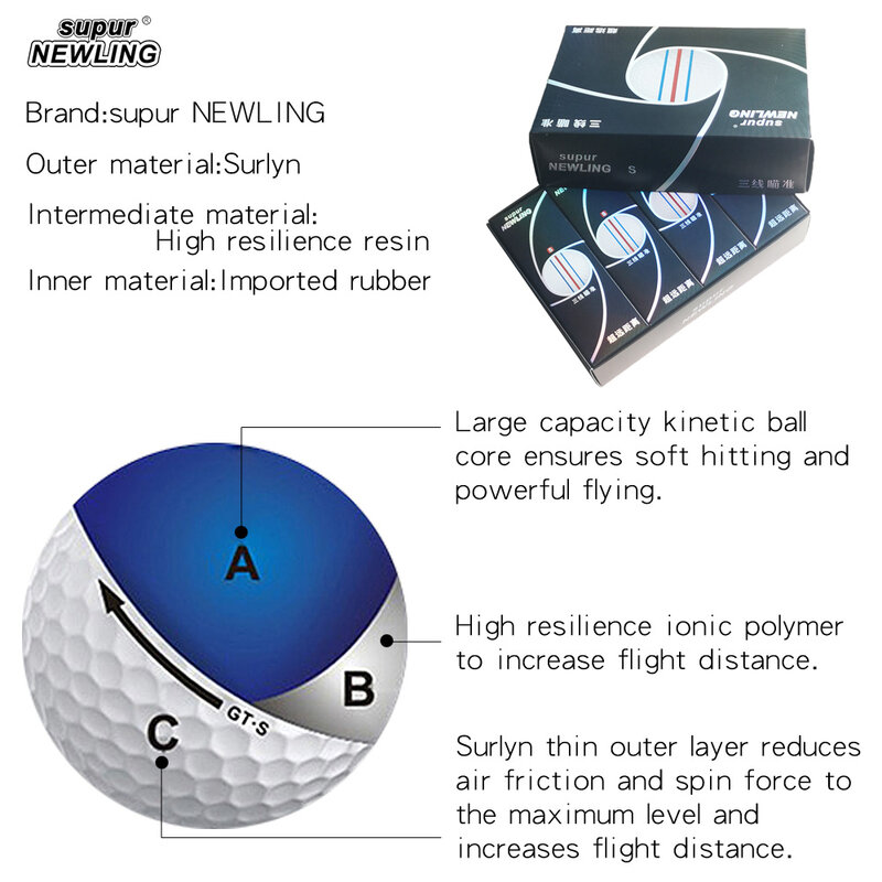 Nova marca bola de golfe 12 pçs/caixa 3 cores linhas de objetivo completo 3 peças bola de jogo de golfe super longa distância com pacote de varejo dropship