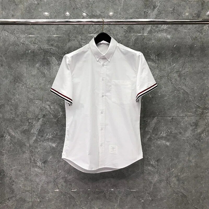 Tb thom camisa verão listra vertical manguito listra moda marca de manga curta camisa masculina casual algodão oxford por atacado tb camisa