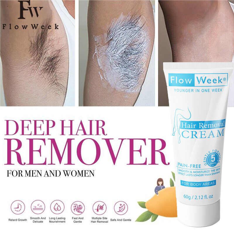 Flow Week Hair Removal Cream for All Skin Types Including Sensitive Painless Permanent Removes Hairs Depilatory Shrink Pores