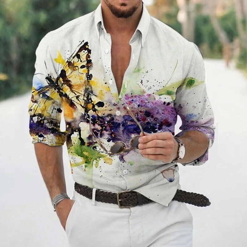 Camicia a manique lunghe moda uomo primavera autunno graffiti tinta pintura impressão risvolto camicia sociale cena uomo topo S-3XL