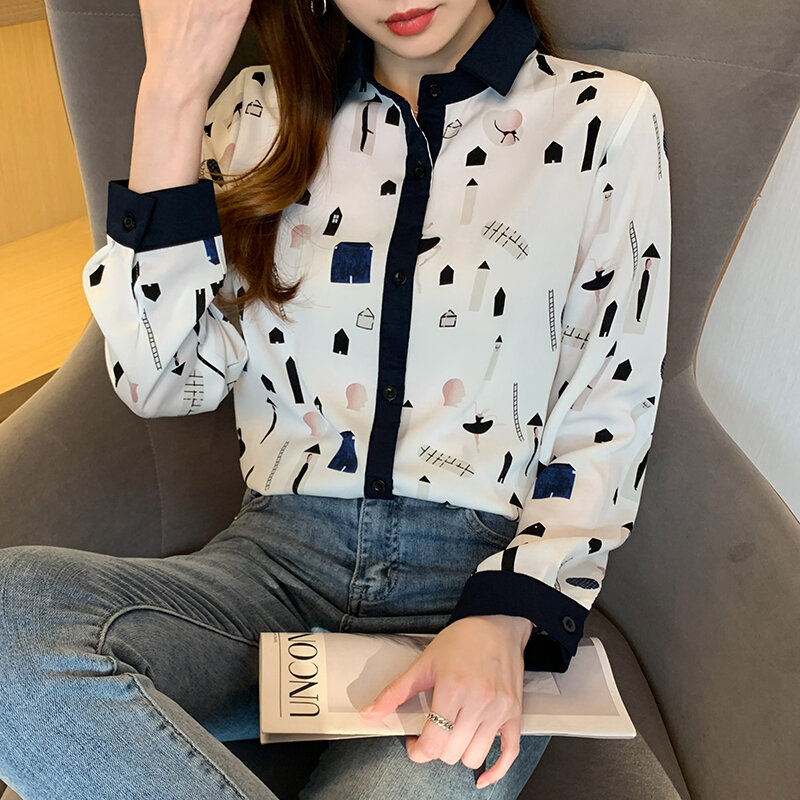 Primavera coreano moda cor match impressão de mangas compridas chiffon camisa senhoras topo mujer dropshipping camisa xadrez 2022