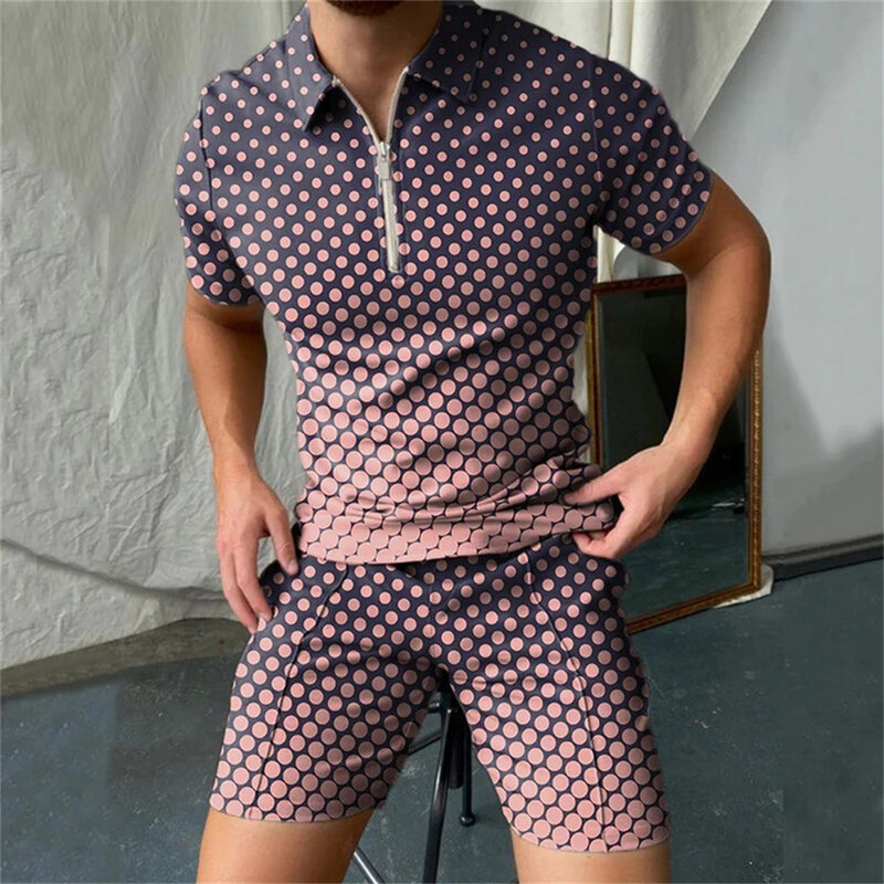 Polo terno masculino moda masculina conjuntos de impressão 3d verão com decote em v com zíper de manga curta camisa polo + shorts duas peças masculino casual terno
