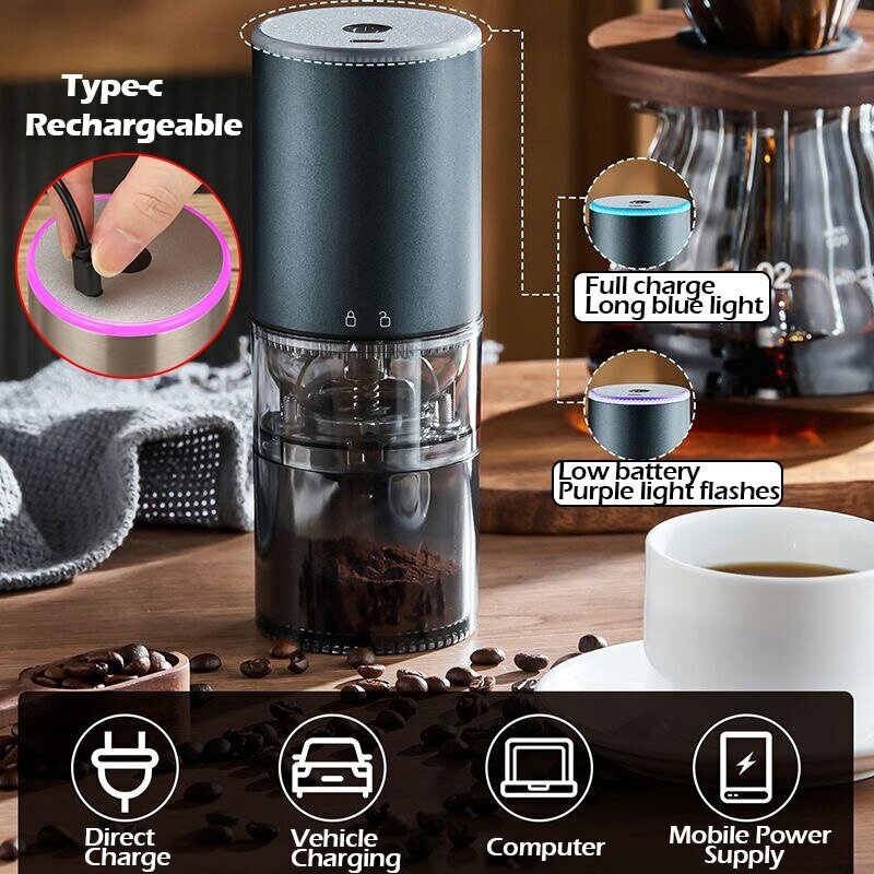 Mesin penggiling kopi elektrik, penggiling kopi elektrik tampilan LED, mesin Pulverizer cat kue lada hitam tipe-c dapat diisi ulang otomatis portabel