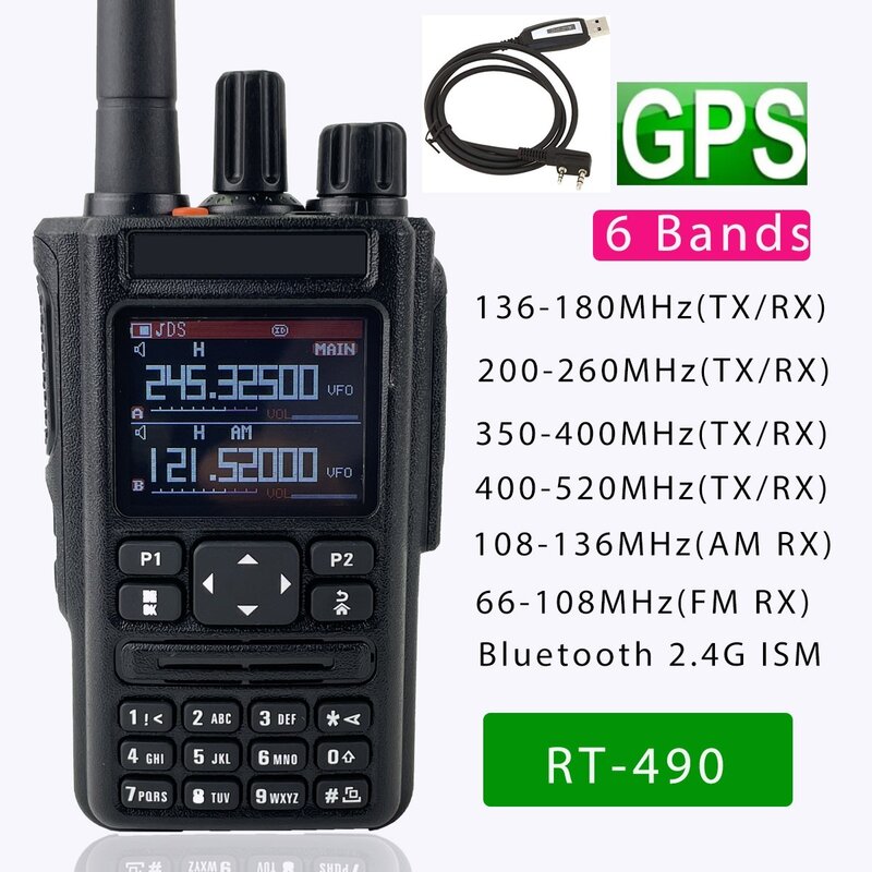 2022 RT-490 GPS 6 Bands Amateur Ham Two Way Radio 256CH Air Band Walkie Talkie VOX DTMF SOS LCD Farbe polizei Scanner Luftfahrt