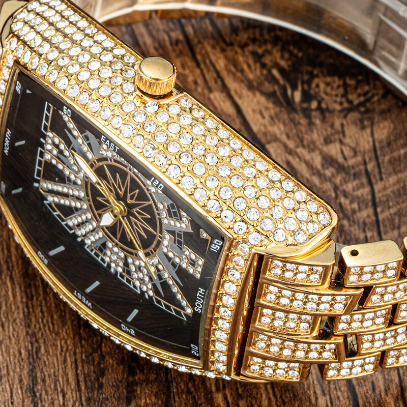 Tonneau-Reloj de pulsera de cuarzo para Hombre, cronógrafo de oro de 18 quilates, con diamantes ostentosos, estilo Hip Hop, único