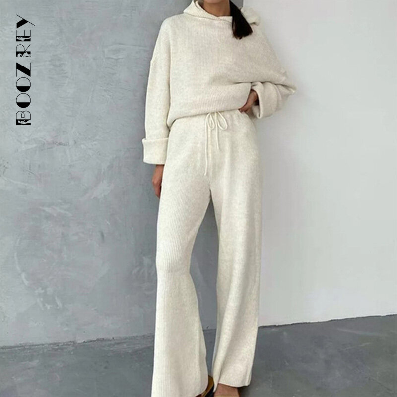 Casual Knit Hoodied with Pocket Two Piece Sets Women Solid Long Sleeve Top Wide Leg Pant Outfit Streetwear Tracksuit New