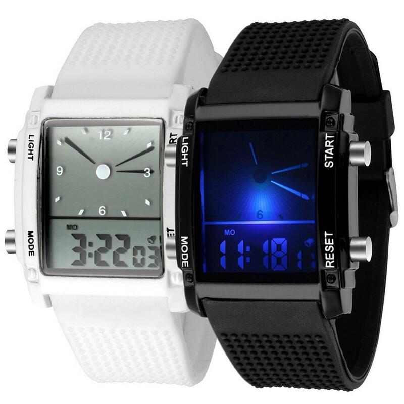 Reloj de pulsera deportivo para hombre, cronógrafo con esfera cuadrada, doble hora, pantalla de día, alarma, colorido, LED