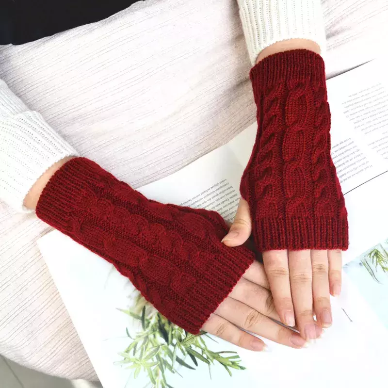 Meia dedo luvas para mulheres à moda mão mais quente luvas de inverno feminino braço crochê tricô falso lã luva sem dedos quente