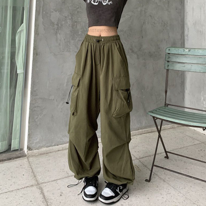 Шикарные повседневные женские брюки-карго Y2K, модель 2023 года, женские спортивные брюки большого размера, уличная одежда, свободные прямые брюки с широкими штанинами и кулиской