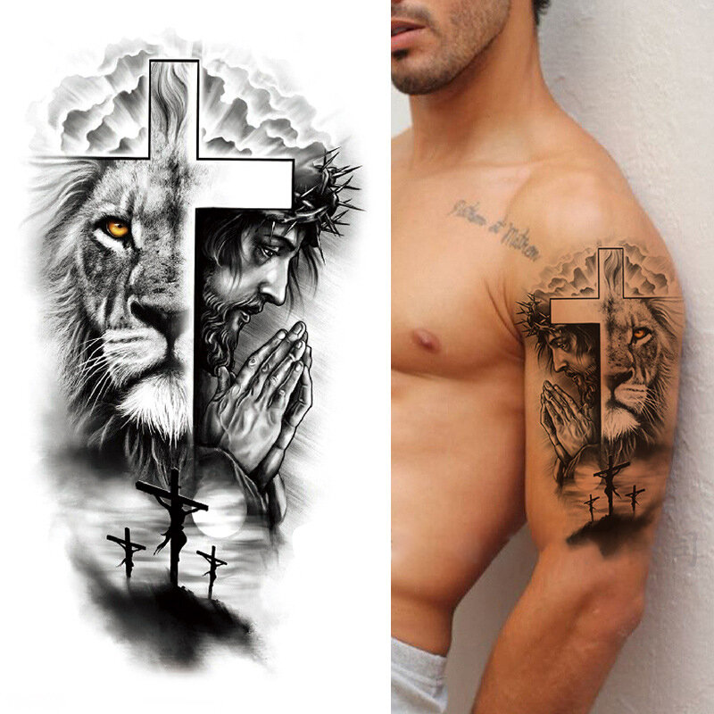 Lion King Tattoos Kreuz Uhr Wasserdicht Temporäre Tätowierung Aufkleber Körper Kunst Dominierenden Tier Vollen Arm Gefälschte Tatoo für Männer XQB