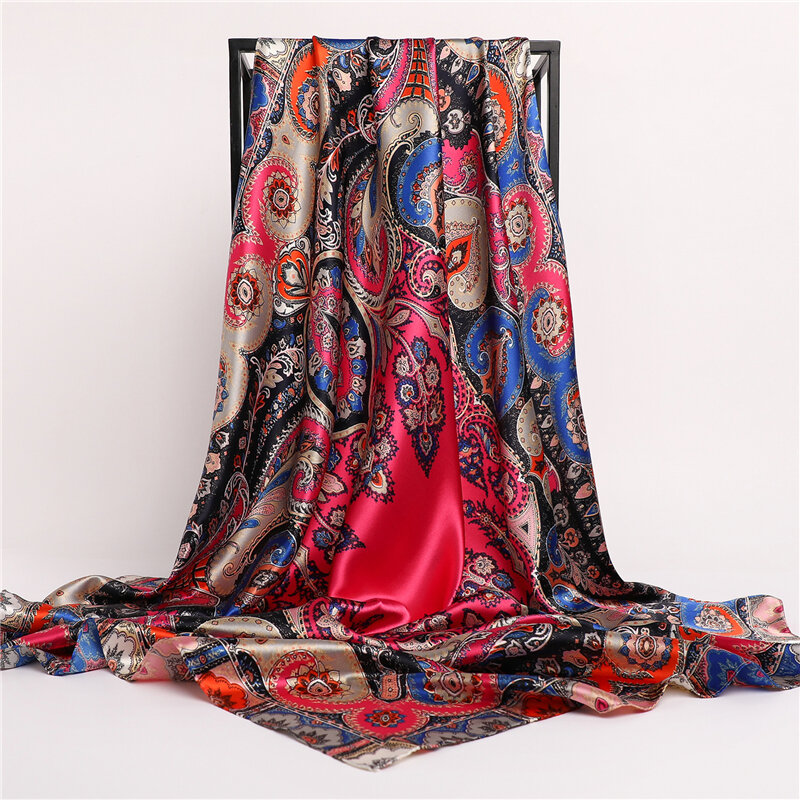 Foulard carré en Satin de soie, 90cm, pour femmes, couvre-chef, Hijab, bandeau musulman, Bandana, Turban, 2022