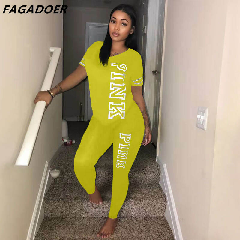 FAGADOER Casual Sport Two Piece Sets Women PINK Letter Print Short Sleeve Top And Skinny Pants Tracksuit Fashion Street Outfits