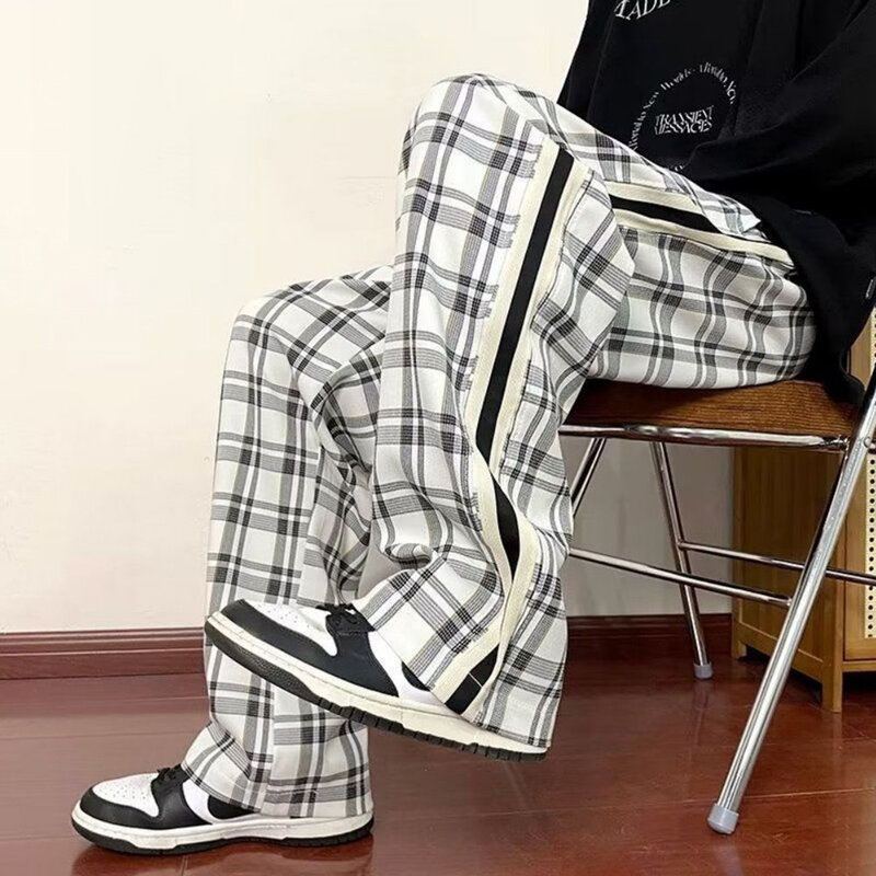 Свободные уличные спортивные брюки, мужские прямые брюки в стиле хип-хоп с широкими штанинами, черно-белые клетчатые брюки, повседневные облегающие брюки для бега