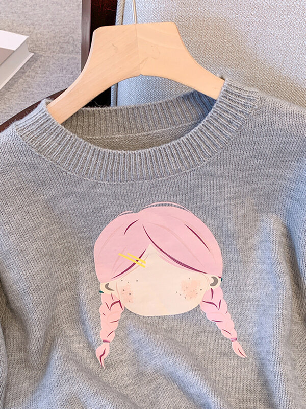 Camiseta de punto para mujer, suéter Vintage coreano con estampado de dibujos animados, Top de manga corta con cuello redondo, 2023