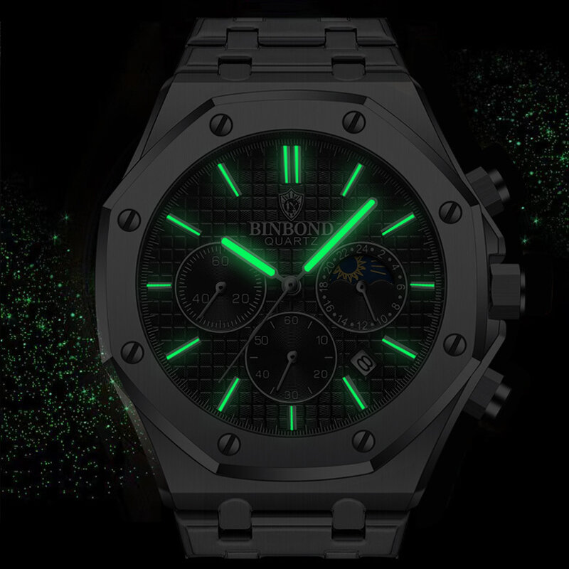 스테인레스 스틸 방수 크로노 그래프 남성용 새로운 쿼츠 시계, 빛나는 손목 시계 2023