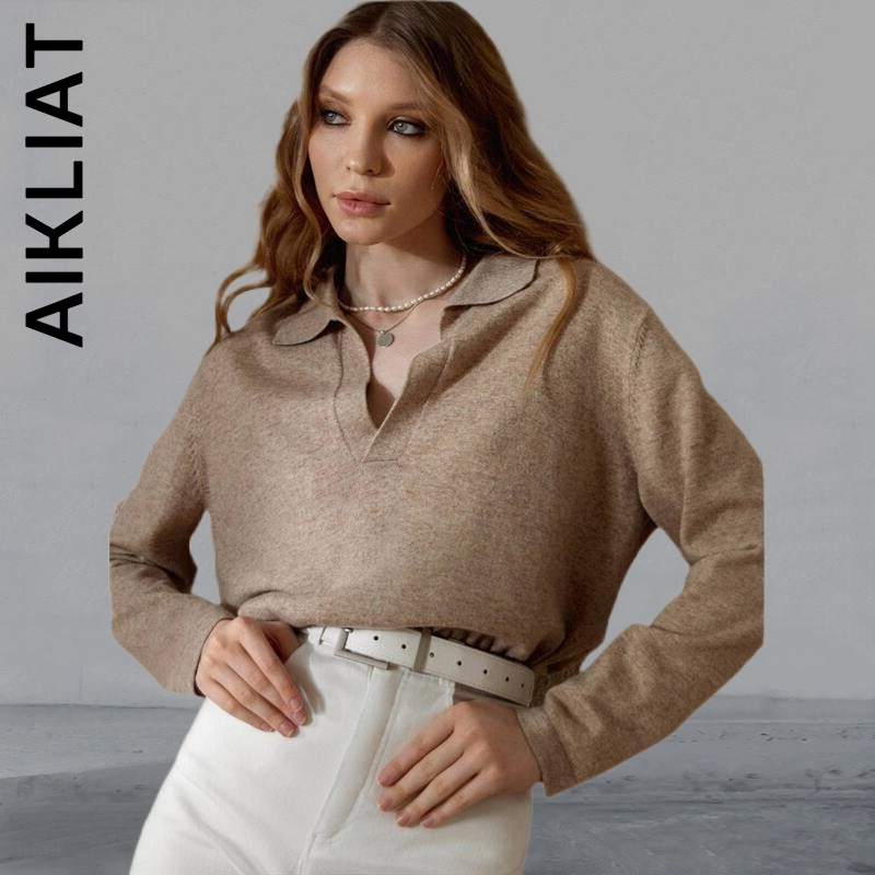 Aikliat-suéter de punto para mujer, Top cálido a la moda, jerséis de punto suave, ropa elegante con cuello en V
