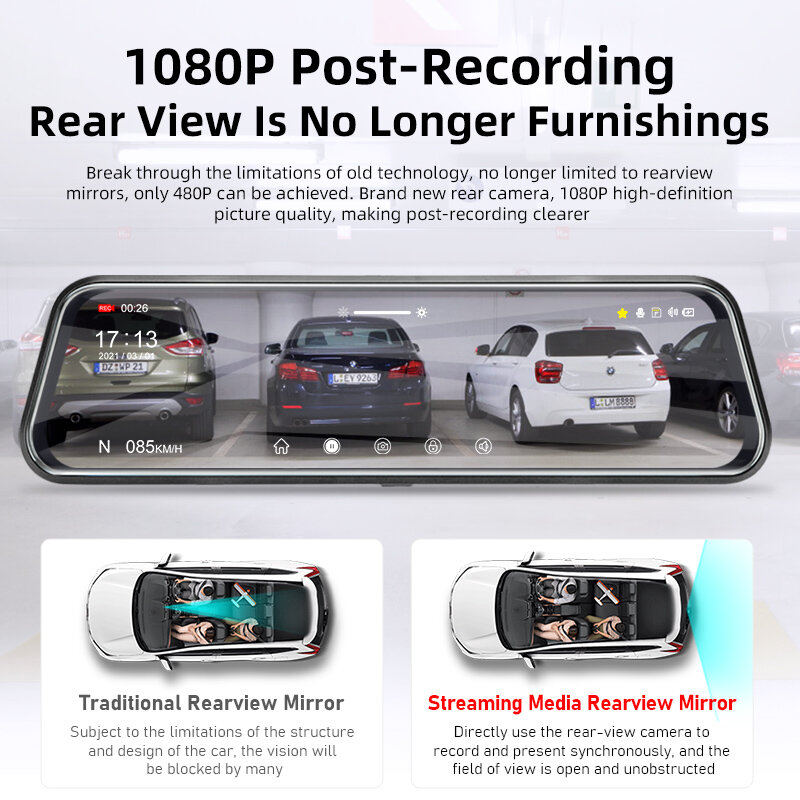 Vtopek-Cámara de salpicadero DVR para coche, espejo multimedia con pantalla táctil de 10 pulgadas, doble lente, 1080P, cámara de visión trasera, GPS, grabadora de vídeo HD, visión nocturna