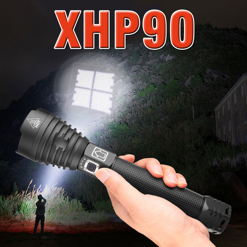 Linterna Led táctica Xhp90 de 500000Lm, recargable por Usb, lámpara de mano XHP50 de 18650 o 26650