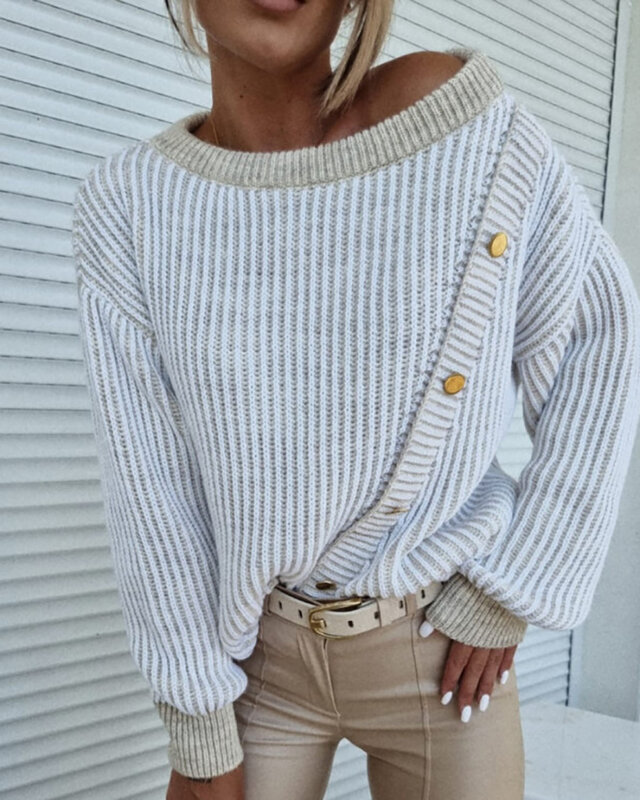 2021 Autumn Winter O Neck Colorblock Button Decor Long Sleeve Warm Casual Knit Sweater Fashion Streetwear Ladies Tops Daily Wear