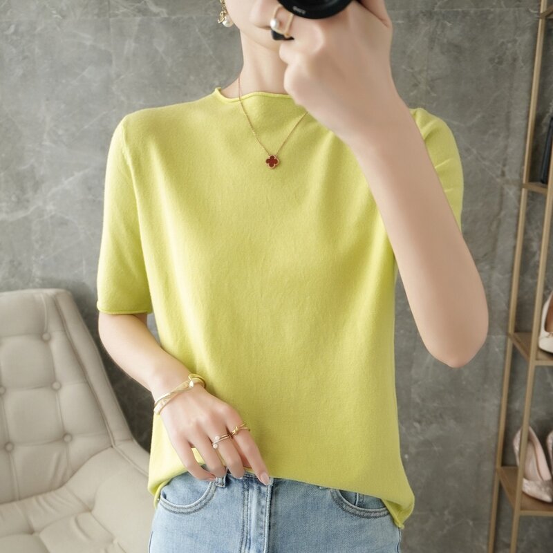 Pull tricoté à manches courtes et col rond pour femmes, 22, nouvelle collection printemps/été, chemise frisée, ample, couleur unie, Version coréenne