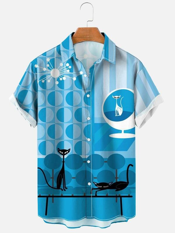 2022 camisa havaiana dos homens do verão 3d gato impresso camisas para o feriado manga curta praia topos camisa masculina blusa de grandes dimensões