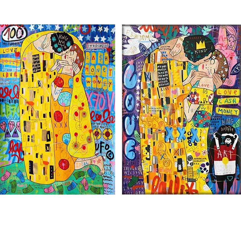 Pintura en lienzo de Arte de Graffiti callejero de Banksy Pop, carteles e impresiones de beso de Gustav Klimt, arte de pared, pinturas famosas para decoración del hogar