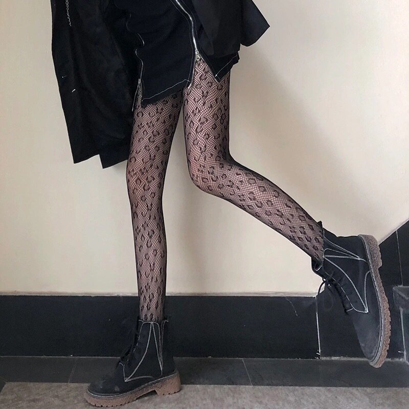 Lolita-calcetines largos de nailon para mujer, medias con estampado de corazón de amor negro, estilo gótico, Sexy, Retro