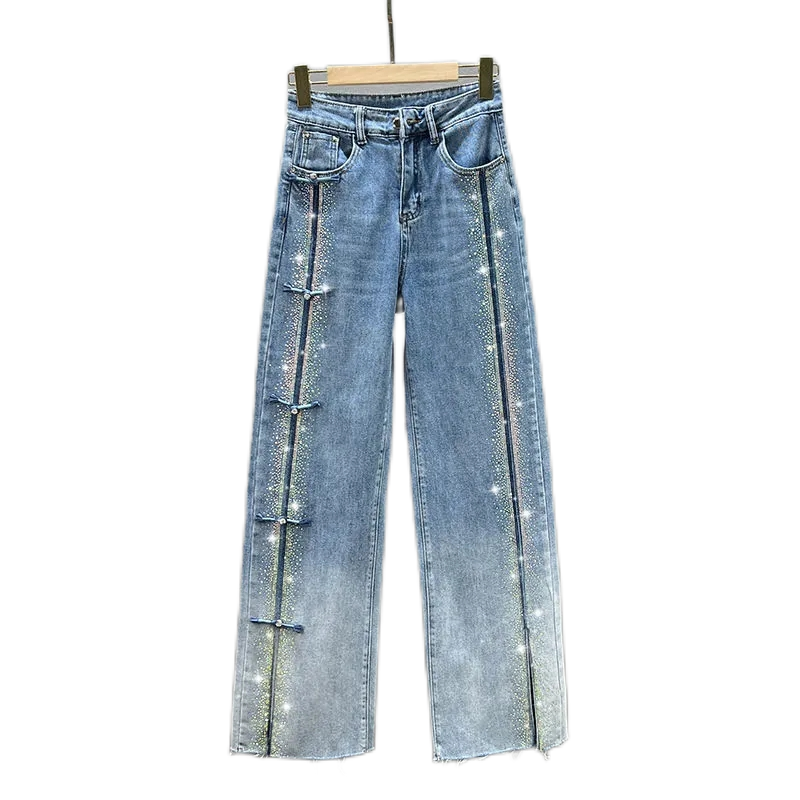 Vintage 90s Rhinestone Jeans damskie spodnie szerokie nogawki 2022 jesienne spodnie z wysokim stanem damskie workowate dżinsy Fashiona niebieskie spodnie jeansowe