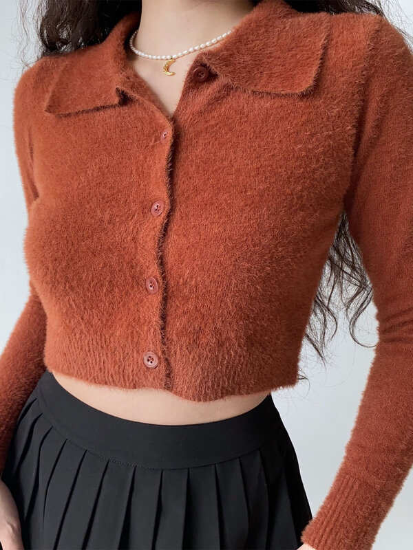 Cardigan tricoté à simple boutonnage pour femme, pull en peluche, avec poche à revers, manches longues, automne