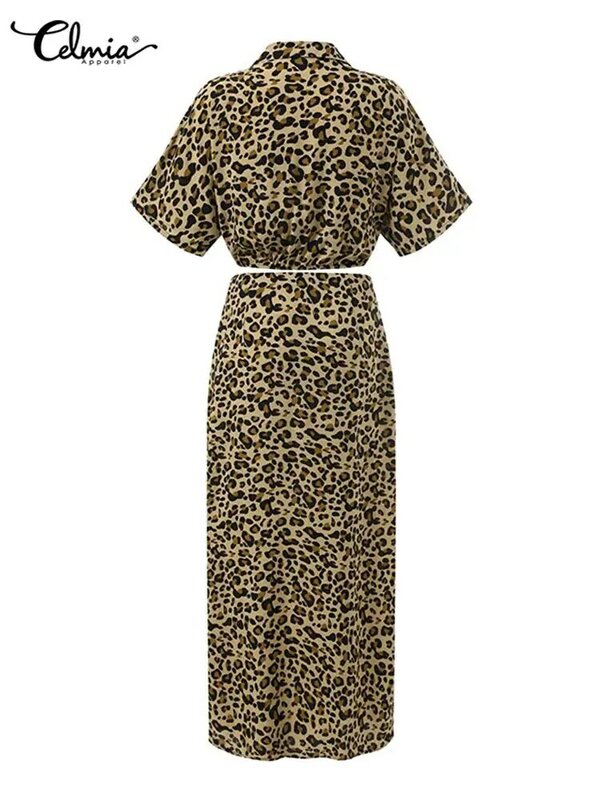 2022 férias 2 pçs conjuntos celmia moda manga curta bandagem curto topo e fenda hem saia longa ternos feminino leopardo estampado vestido conjunto