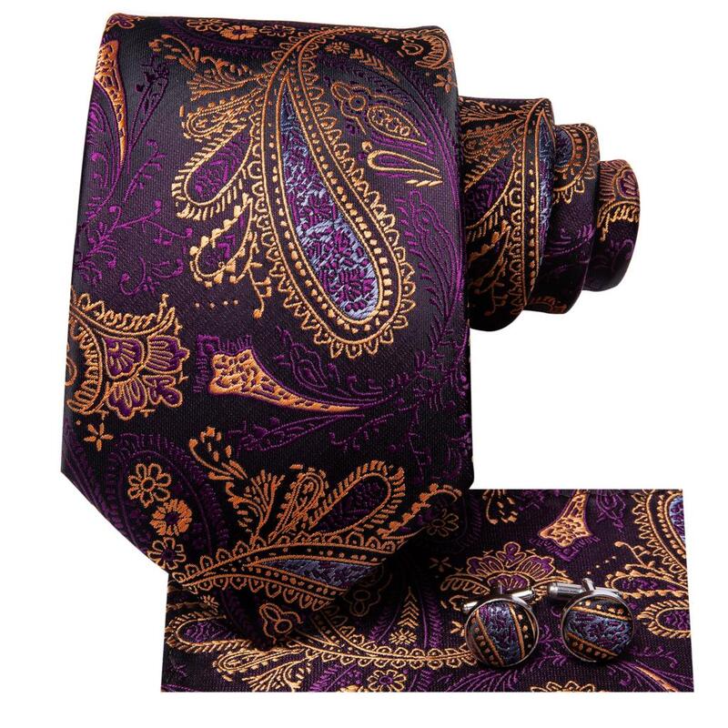 Purple Gold Paisley Silk Wedding Tie For Men Handky Cufflink Men Necktie With Collar Pin Business Party Dropship Hi-Tie Designer