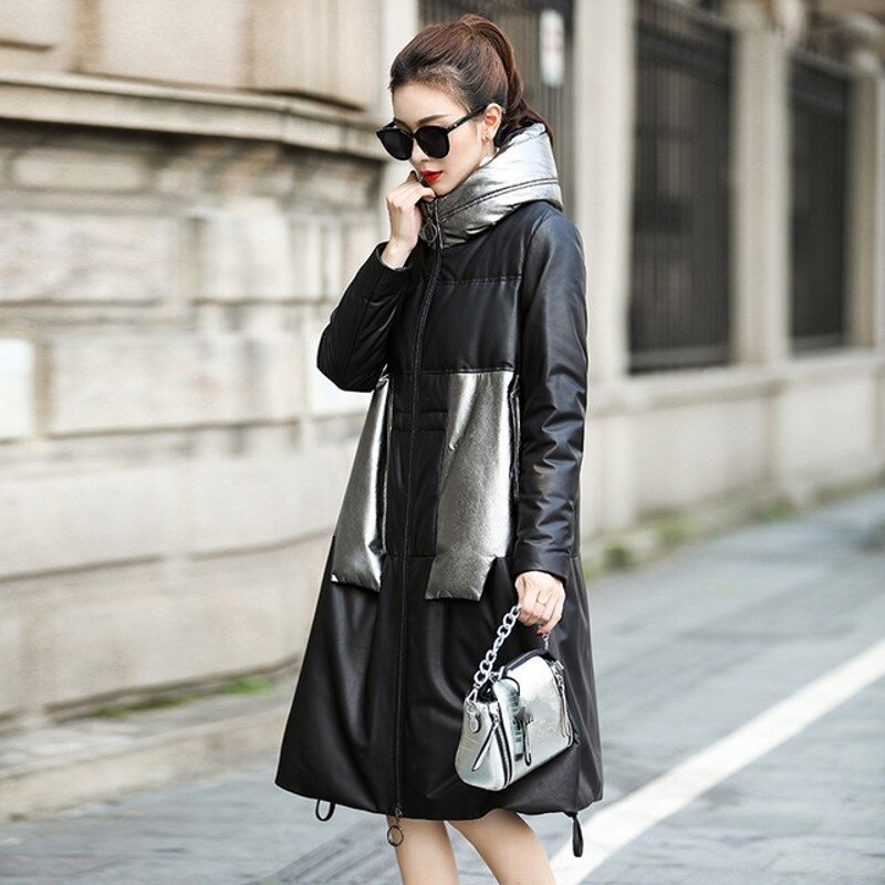Couro genuíno para baixo jaqueta feminina longo 2022 nova moda inverno estilo coreano solto pele de cordeiro com capuz jaqueta de couro outerwear