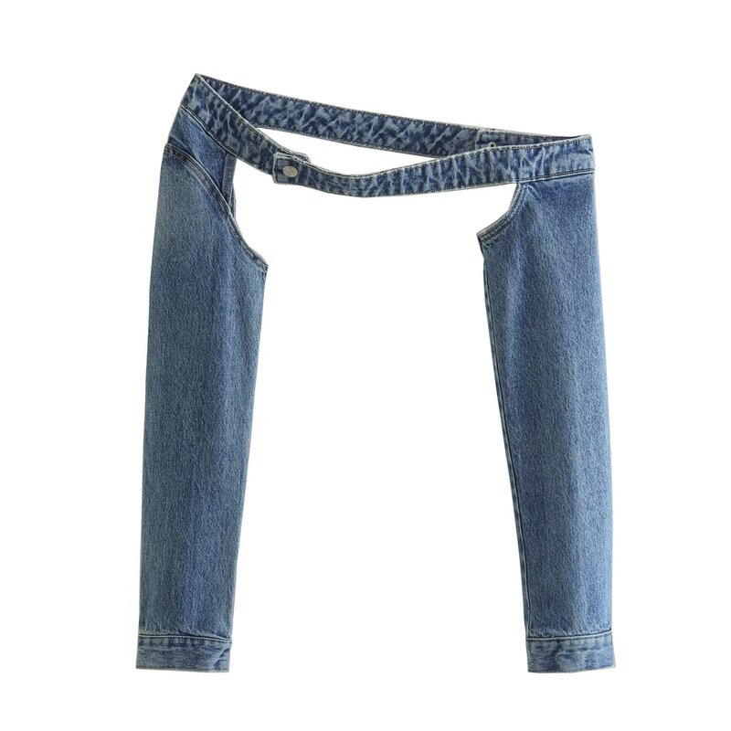 Pb & za primavera novo design feminino sentido denim mangas de manga comprida gola de uma palavra sem alças topo 8197/604