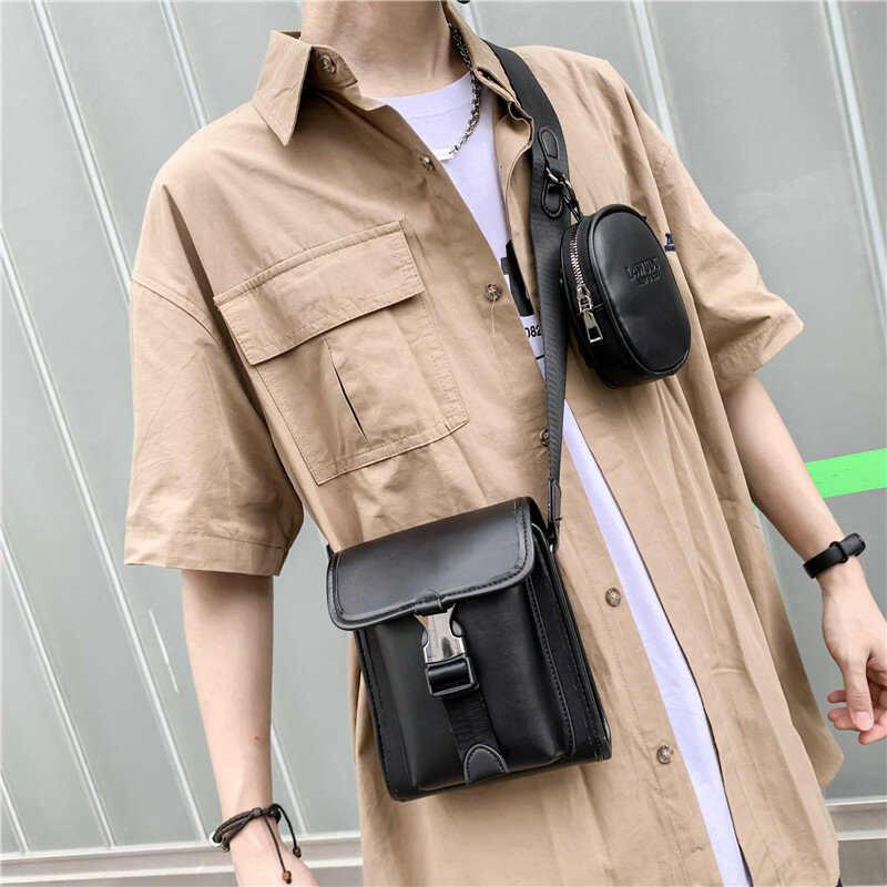 Set Trend Soft Leather Shoulder Bag Unisex Simple Fashion Sling Bag Small Crossbody Bags for Men Phone Earphone bag Purse