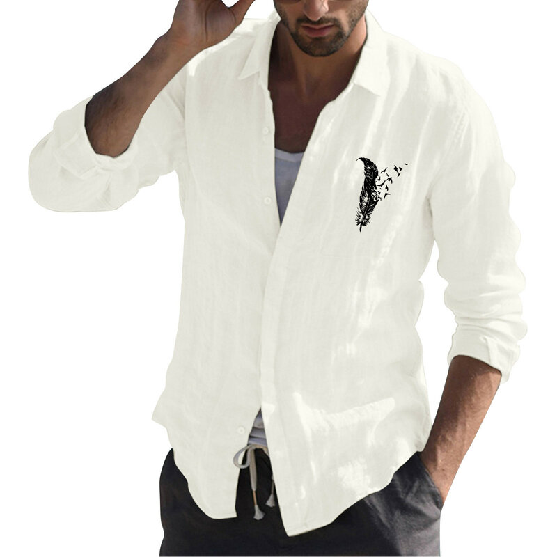 Moda masculina casual simples algodão e linho pequena impressão lapela t camisa de manga longa camisa de manga longa superior manga comprida camisas planas para homem