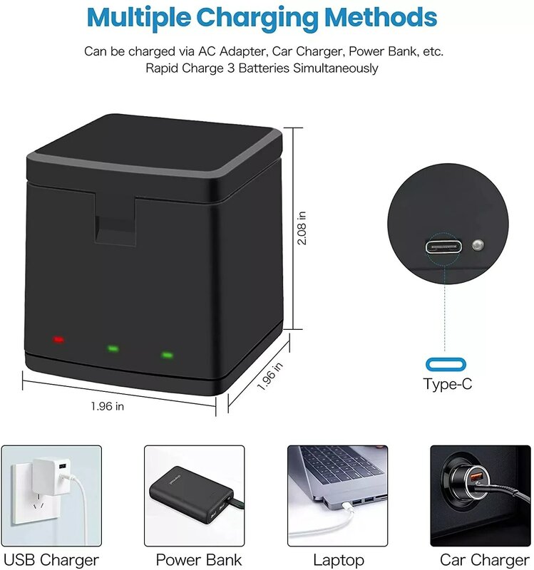 Тройное портативное быстрое зарядное устройство на 1800 мА · ч с USB для GoPro Hero 8 Hero 7 Hero 6 Hero 5, оригинальный аккумулятор для камеры Black