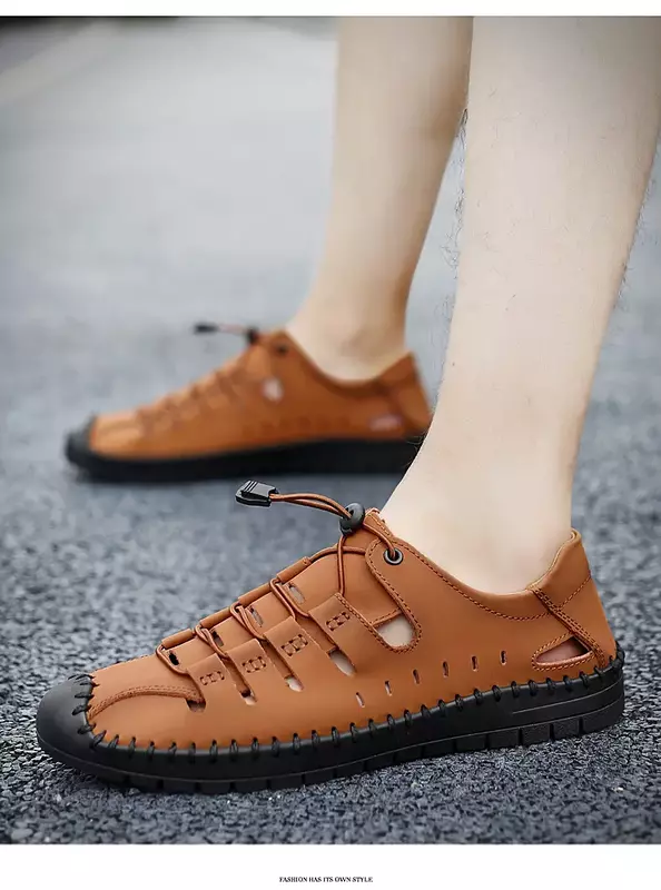 Sandal Kulit Pria Sandal Platform Berongga Baru Sol Lembut Sepatu Anti-selip Pria Sneakers Sepatu Buatan Tangan Pria Zapatos Hombre