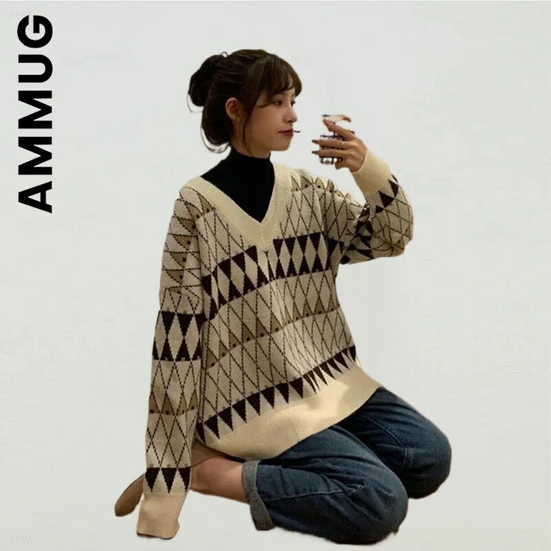 Женский свитер Ammug с V-образным вырезом, новый вязаный универсальный джемпер, вязаный свитер, теплые женские свитера в стиле Харадзюку, повсе...