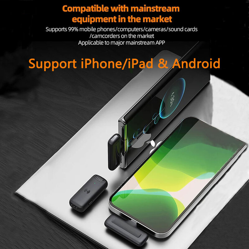 Minimicrófono portátil de solapa inalámbrico, reducción de ruido, grabación de Audio y vídeo, para iPhone y Android, con caja de carga