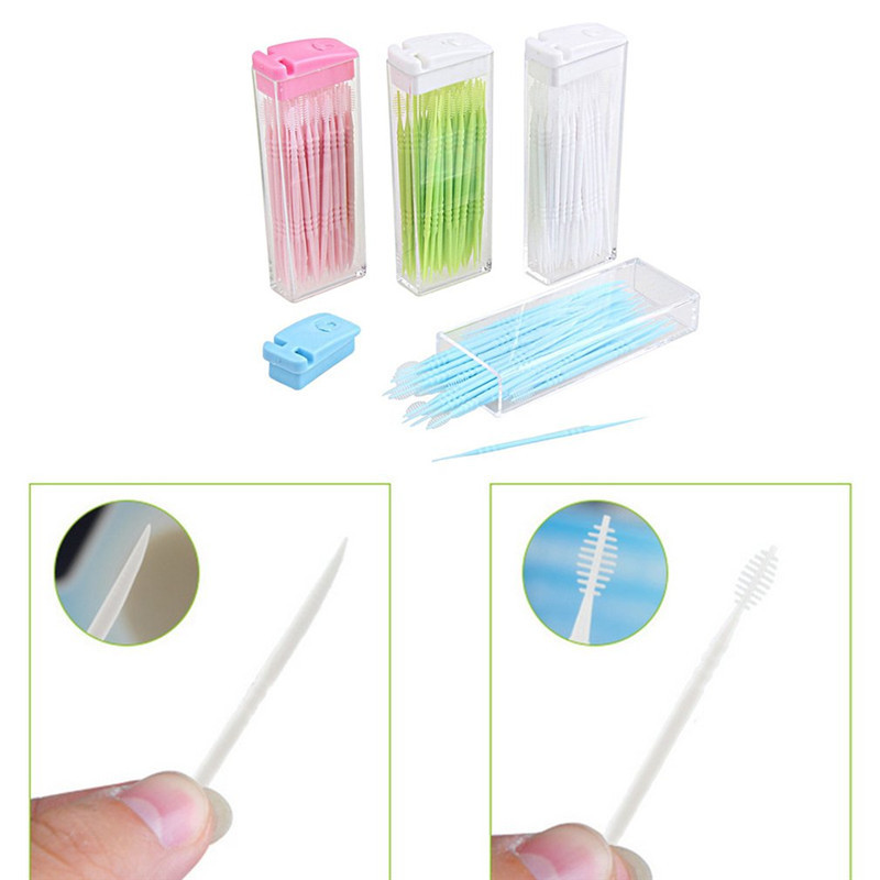 50 unids/lote de palillos de dientes de plástico desechables portátiles, hilo Dental de viaje de dos cabezales, Color aleatorio