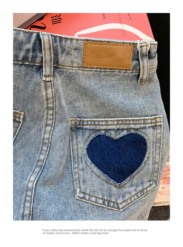 الأزرق الحب المطرزة الجينز الإناث تصميم المتخصصة 2022 التباين اللون جديد عالية الخصر سليم عادية بنطال ذو قصة أرجل واسعة
