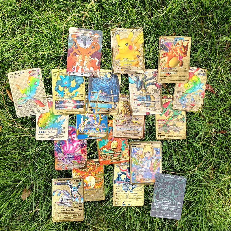 Pokemon Metal Iron Cards Eevee Charizard Pikachu Mewtwo Arceus Golden Shiny Letters Pokémon Game Collection juguetes para niños regalo