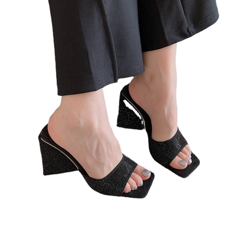 Zapatillas de tacón alto con cristales de diamante para mujer, sandalias de Punta abierta, 2022
