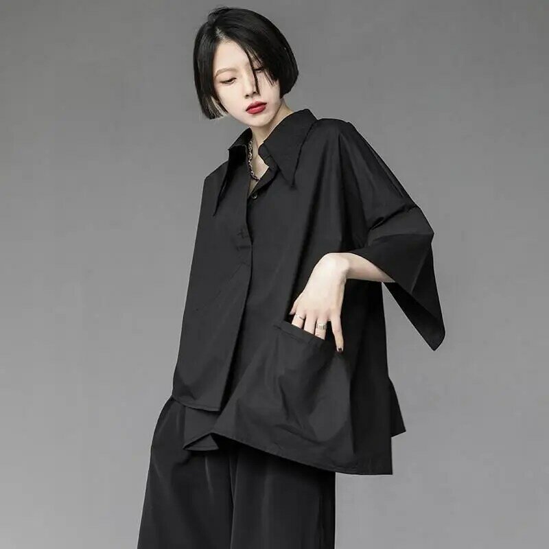 레트로 디자인 불규칙한 3 분기 소매 반팔 셔츠 탑 여성용, 한국 패션 스트리트웨어, 디자이너, 블랙, 여름