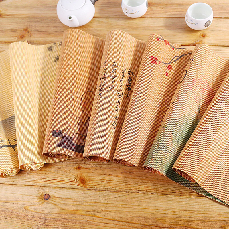 Tapete de mesa antiderrapante nacional tapete de isolamento de guardanapo estilo chinês almofada de bambu tecido à mão impressão decorativa kung fu conjunto de chá